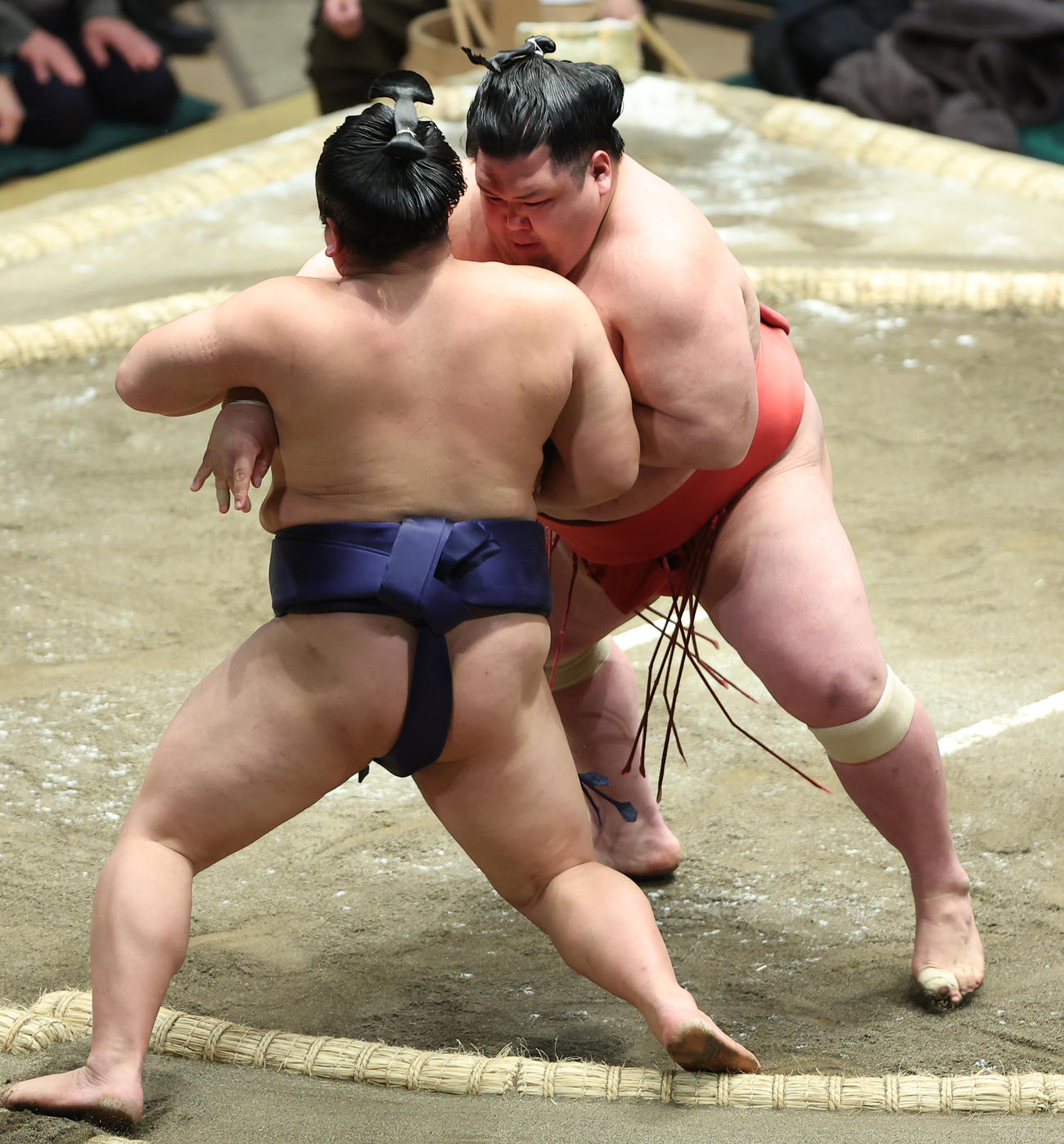 平戸海（左）を寄り切りで破る阿武咲（撮影・中島郁夫）