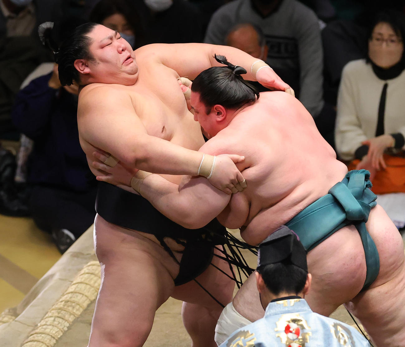 剣翔（左（を押し出しで破る碧山（撮影・野上伸悟）