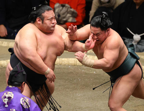 張り合う貴景勝（左）と翠富士（撮影・野上伸悟）