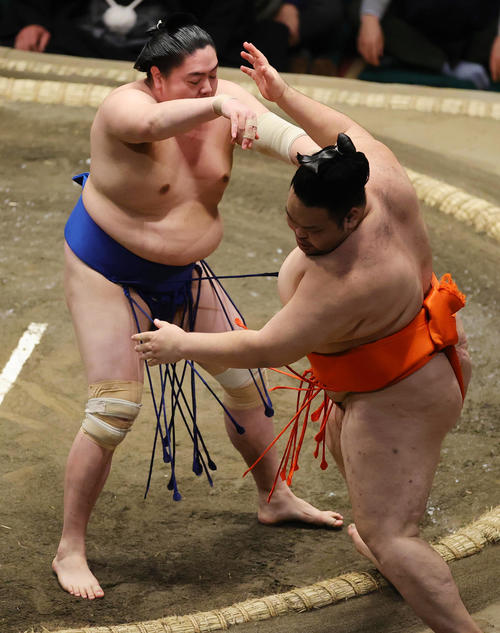 水戸龍（手前）を押し出しで破る一山本（撮影・野上伸悟）