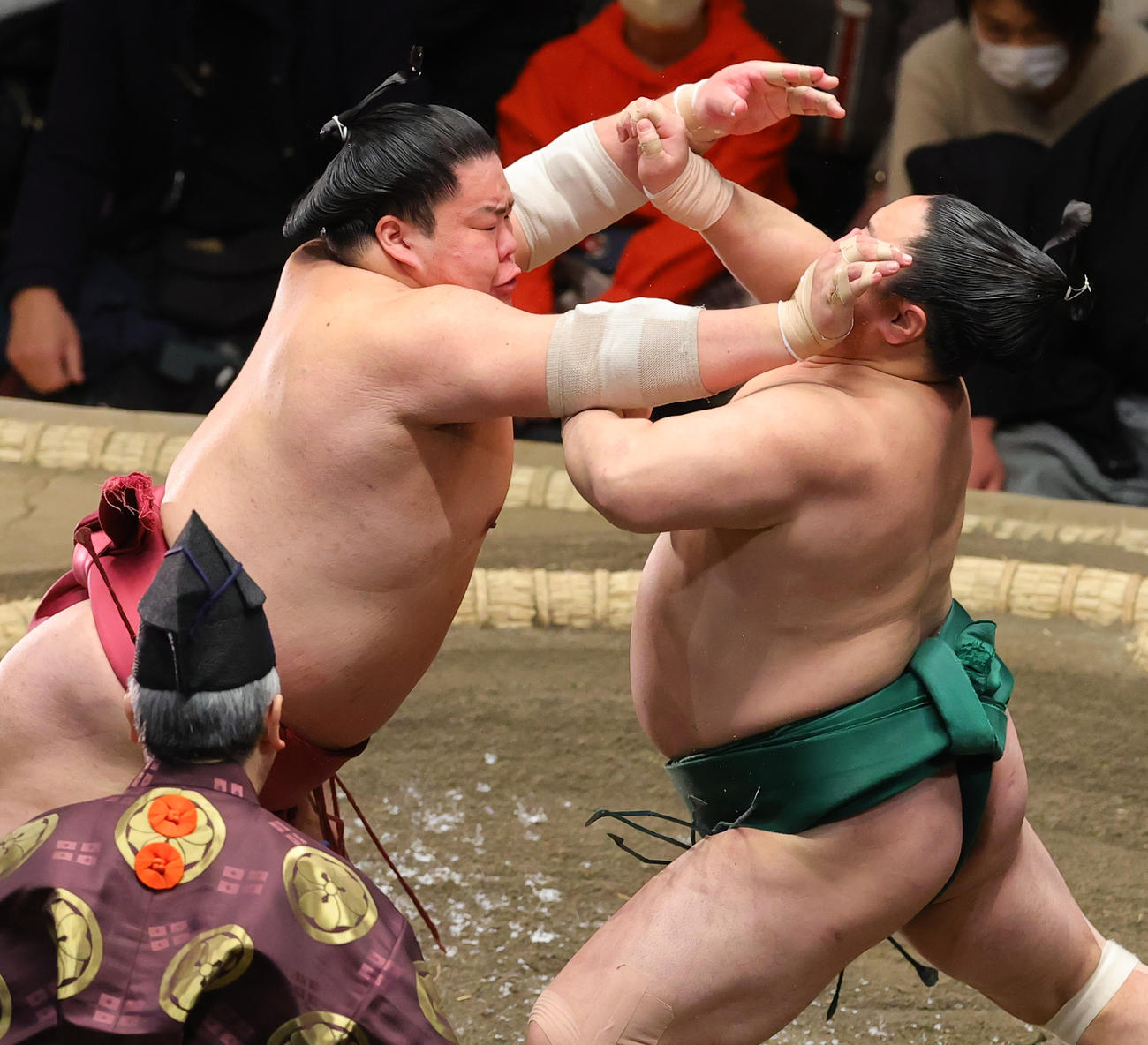 佐田の海（右）と張り合う大栄翔（撮影・野上伸悟）