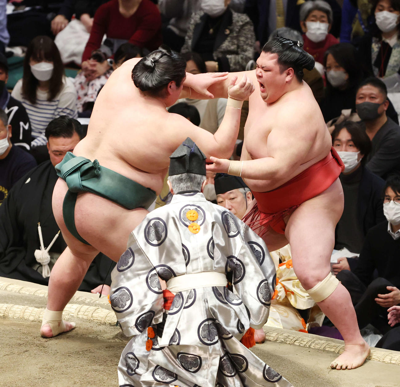 阿武咲（右）は寄り切りで錦木に敗れる（撮影・宮地輝）
