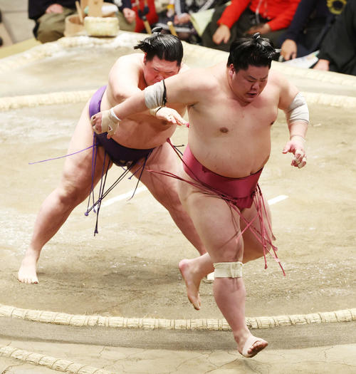 大栄翔（右）は送り出しで明生に敗れる（撮影・宮地輝）