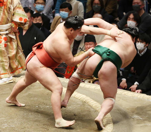 豊昇龍（左）は送り倒しで佐田の海を破る（撮影・宮地輝）