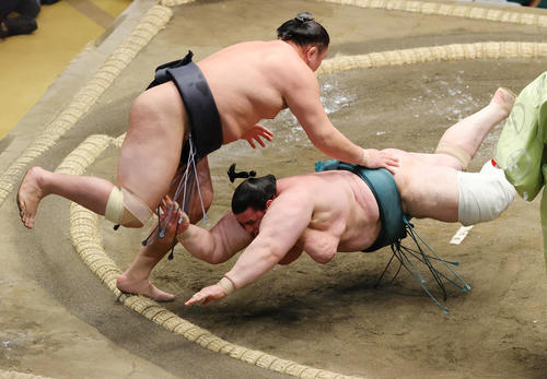 碧山（下）をはたき込みで破る東龍（撮影・野上伸悟）