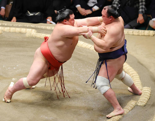北勝富士（右）を押し出しで破った阿武咲（撮影・野上伸悟）
