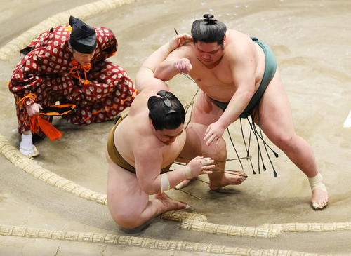 王鵬（右）を寄り倒しで破るた錦木（撮影・野上伸悟）