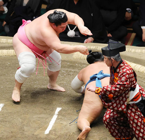錦富士（手前）をはたき込みで破った宇良（撮影・野上伸悟）