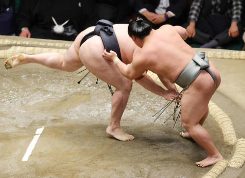 竜電（左）をはたき込みで破る若隆景（撮影・野上伸悟）
