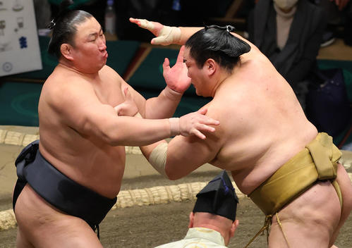 東龍（左）を突き出しで破る輝（撮影・野上伸悟）