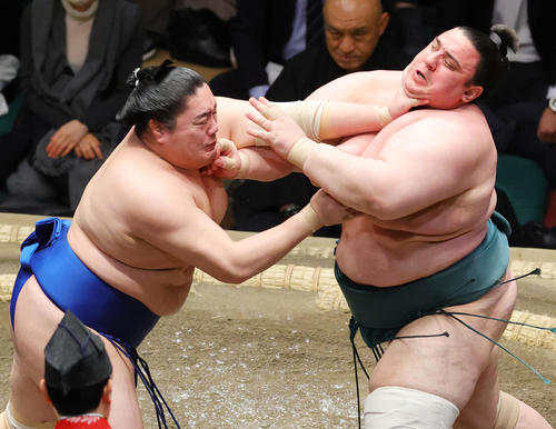 碧山（右）を突き出しで破った一山本（撮影・野上伸悟）