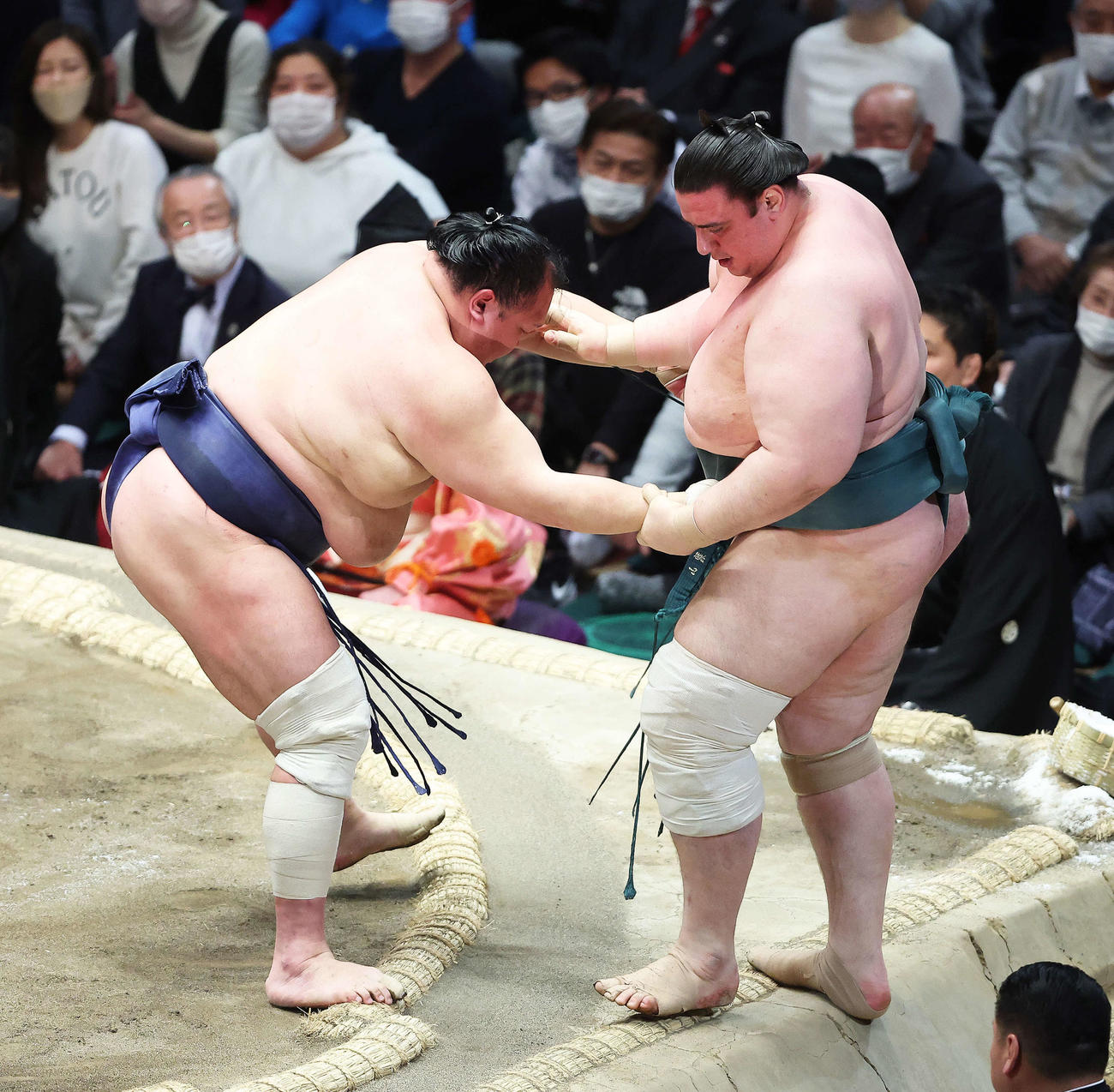 北勝富士（左）は碧山を寄り切りで破る（撮影・河田真司）