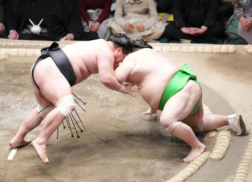千代丸（右）を押し倒しで破る妙義龍（撮影・菅敏）