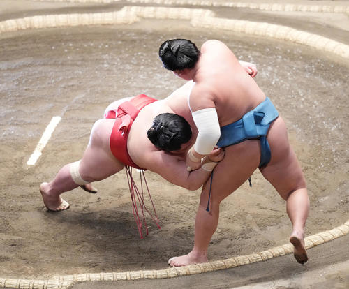 錦富士（右）を寄り切りで破る阿武咲（撮影・菅敏）