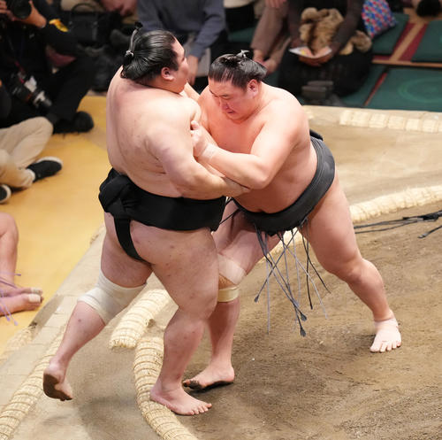 大奄美（左）を押し出しで破る東龍（撮影・菅敏）