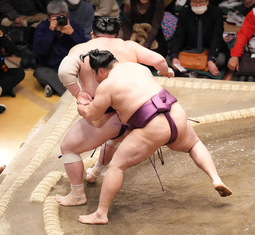 宝富士（左）を送り出しで破る遠藤（撮影・菅敏）