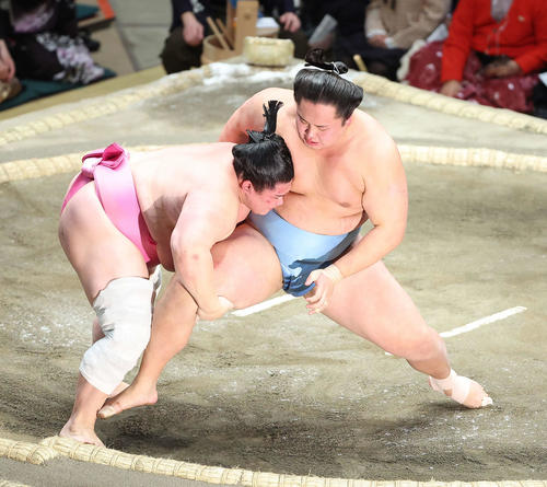 宇良（左）の攻めに耐える琴勝峰（撮影・河田真司）