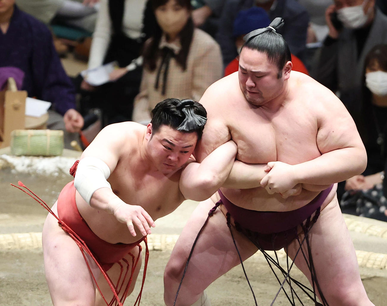 炎鵬（左）は栃武蔵の攻めに耐える（撮影・河田真司）