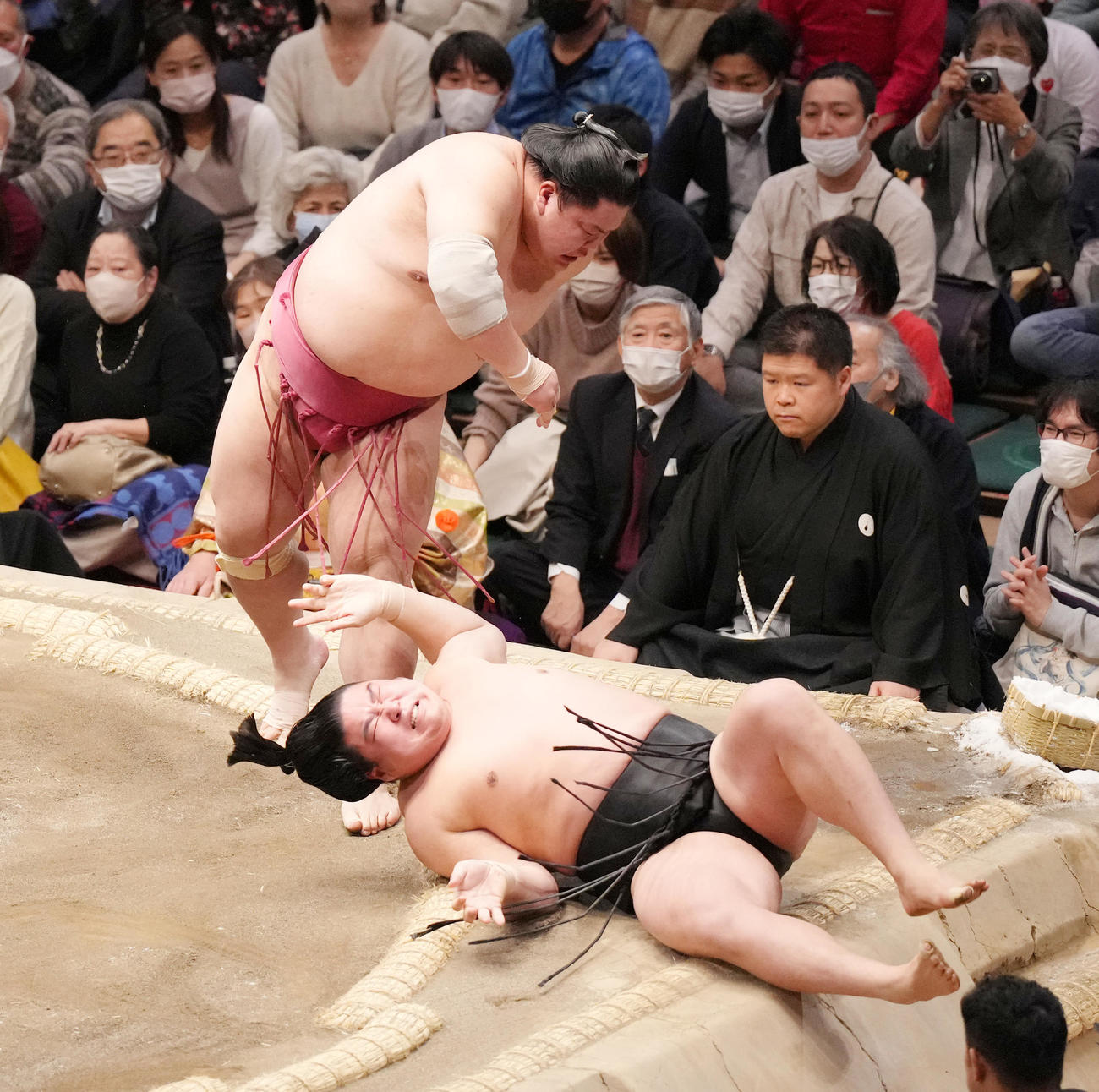 若元春（下）を突き落としで破る大栄翔（撮影・菅敏）