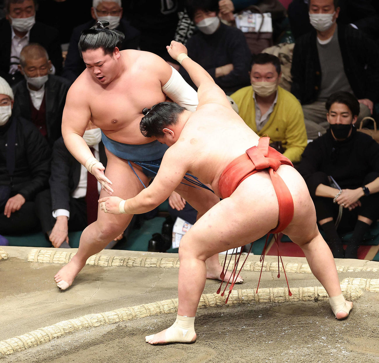 錦富士（左）を寄り切りで破る豊昇龍（撮影・河田真司）