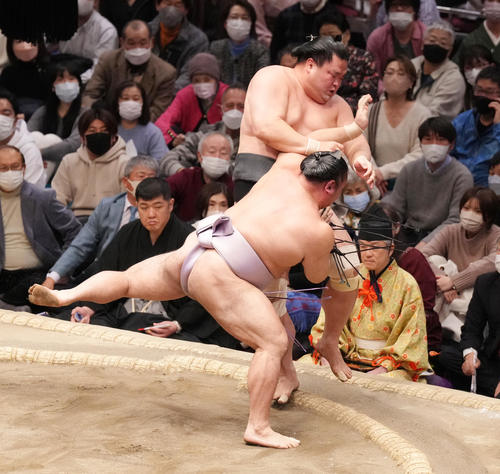 妙義龍(奥)を寄り切りで破る琴恵光(撮影・菅敏)