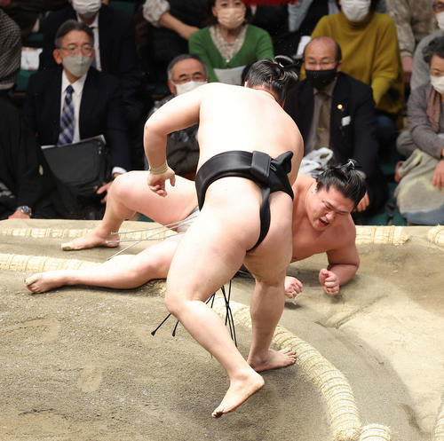 霧馬山(手前)にとったりで敗れる若隆景(撮影・河田真司)
