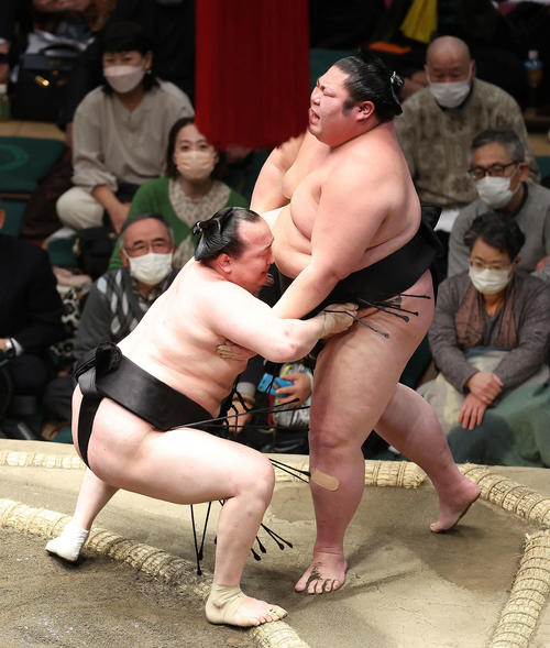 千代翔馬(左)は剣翔を寄り切りで破る(撮影・河田真司)