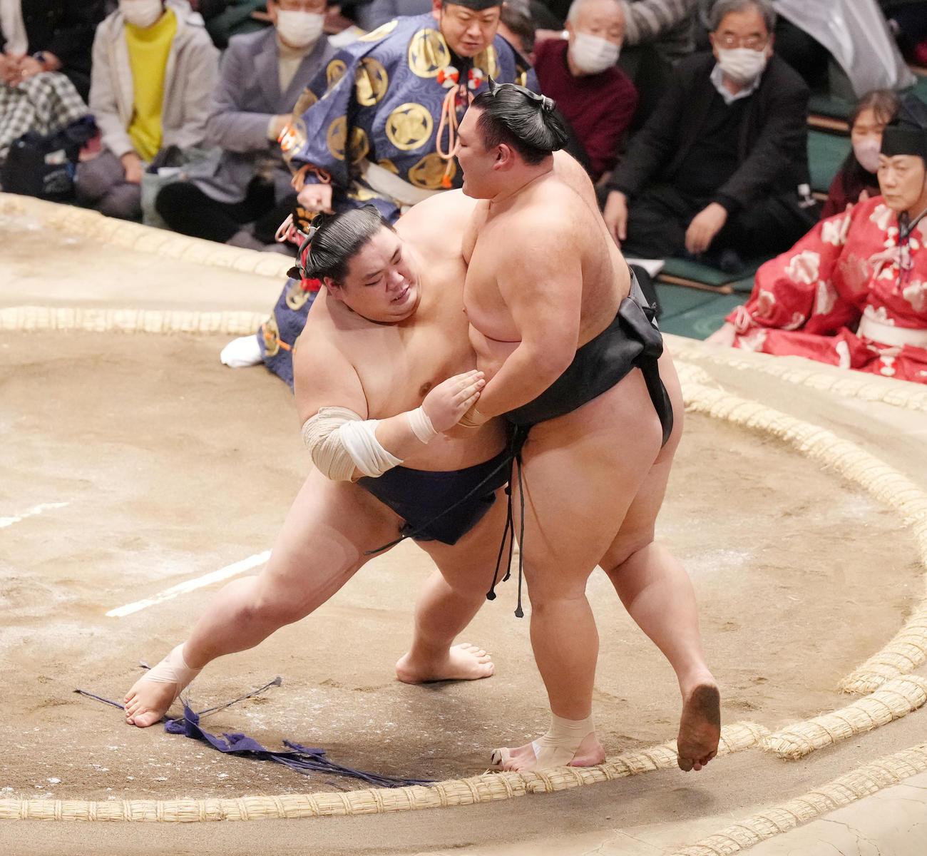 大翔鵬（左）に寄り切りで敗れる朝乃山（撮影・菅敏）