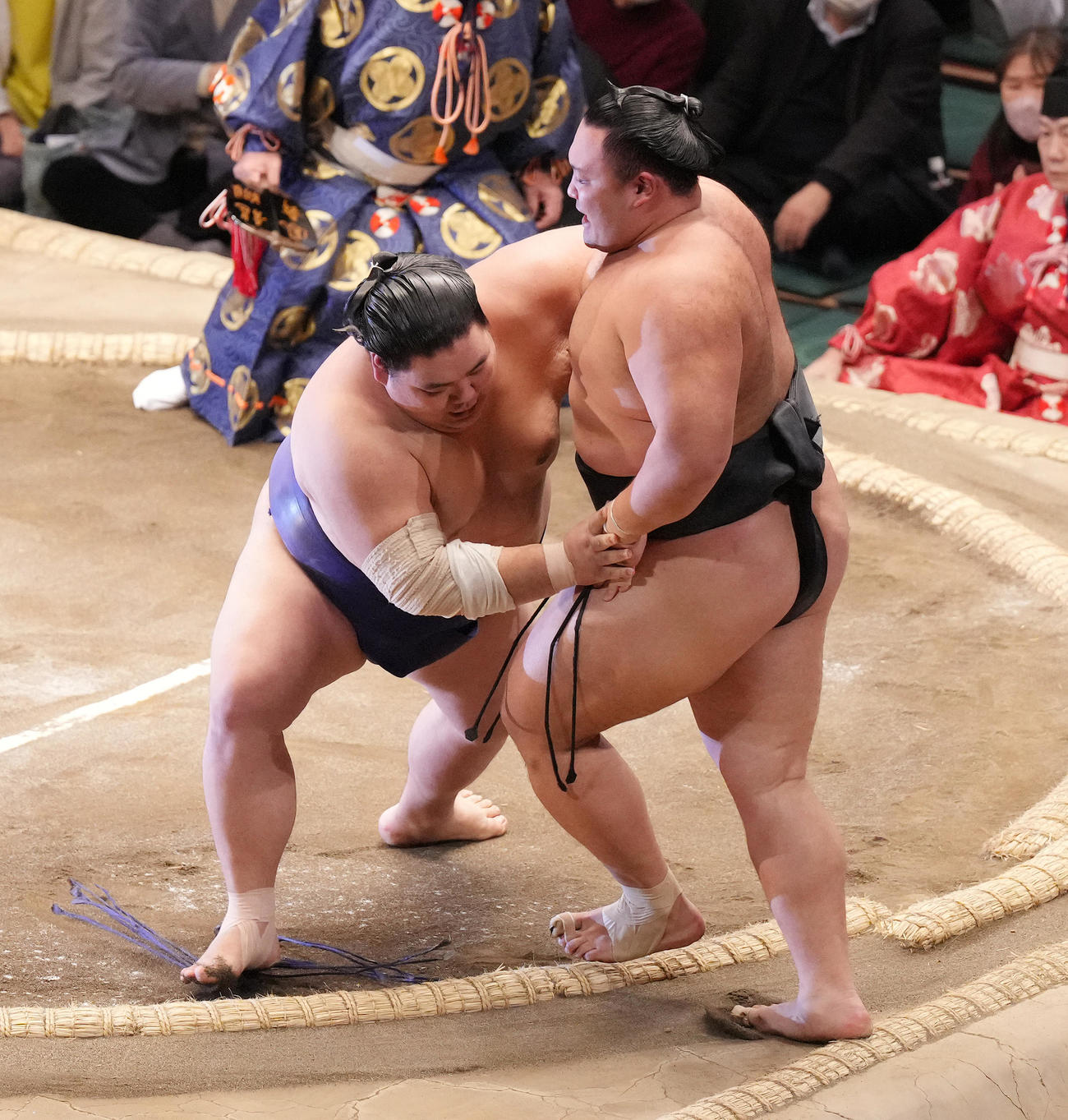 大翔鵬（左）に寄り切りで敗れる朝乃山（撮影・菅敏）