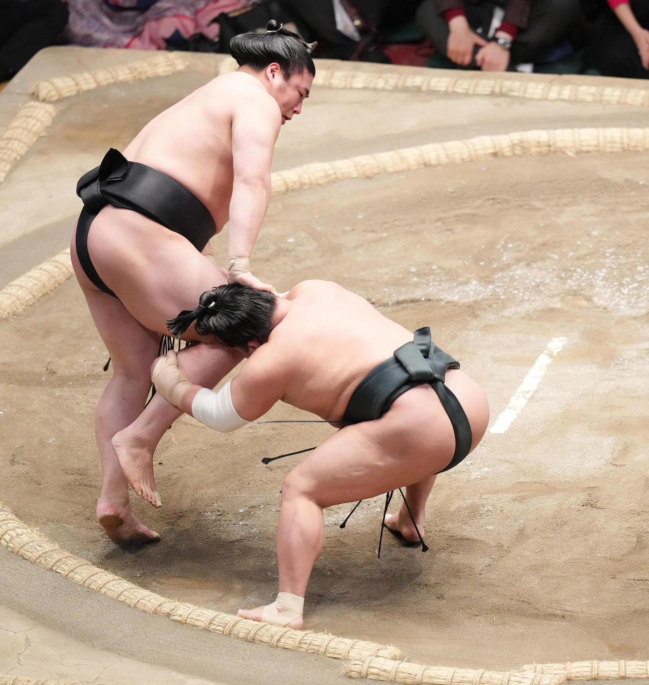 若元春（左）の足をとる翠富士（撮影・菅敏）