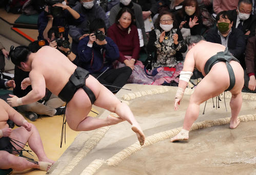 若元春（左）を押し出しで破る翠富士（撮影・菅敏）