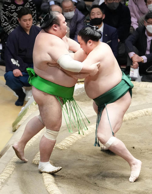 佐田の海（右）は千代丸を押し出しで破る（撮影・小沢裕）
