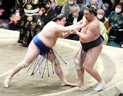 東龍（右）を押し出しで破る一山本（撮影・鈴木正人）