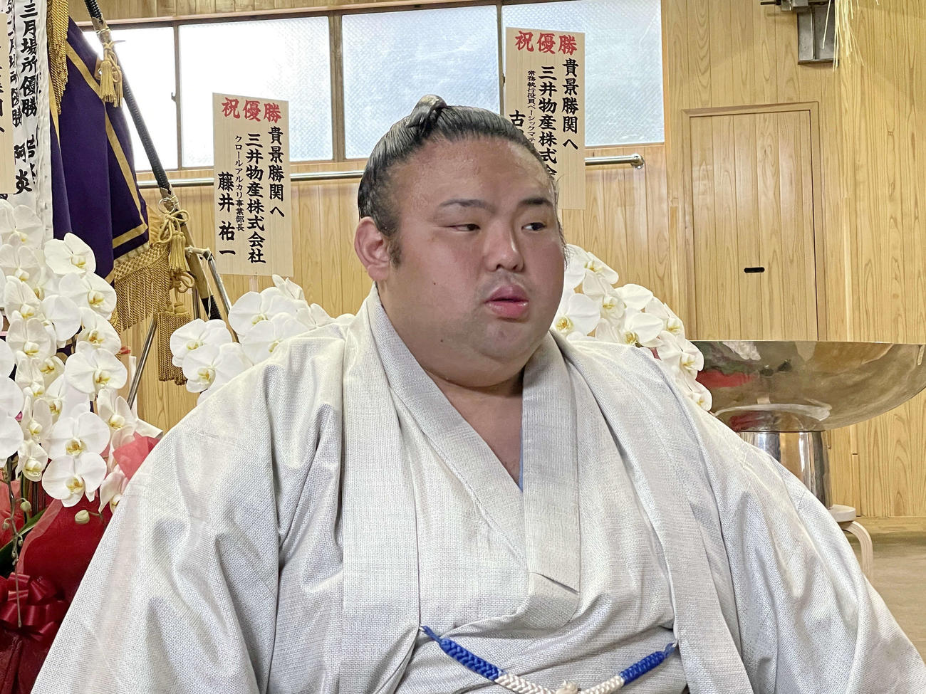 優勝から一夜明け、オンライン会見に臨む大関貴景勝（日本相撲協会提供）