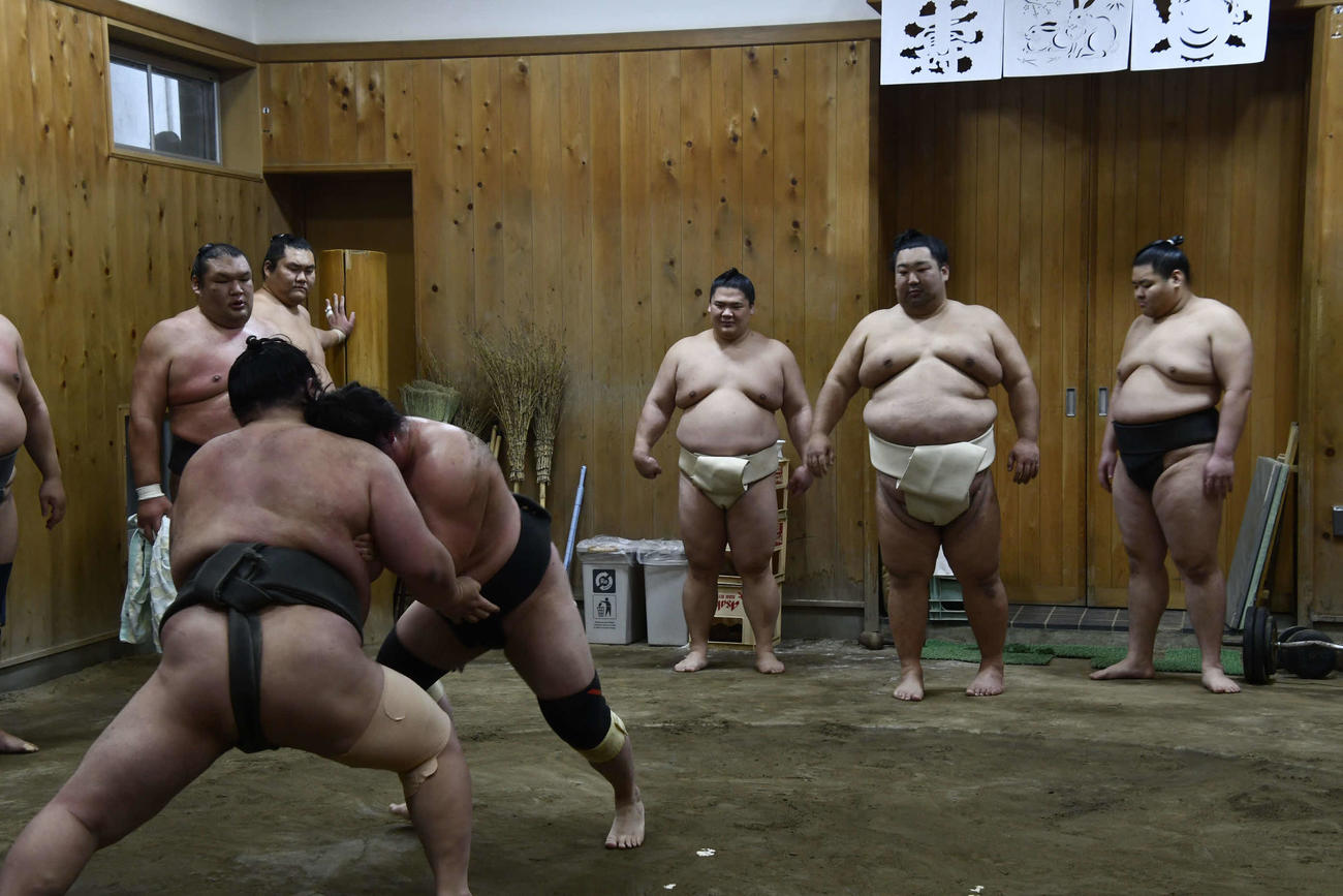若い衆の稽古を見つめる宇良（中央）と徳勝龍（撮影・平山連）