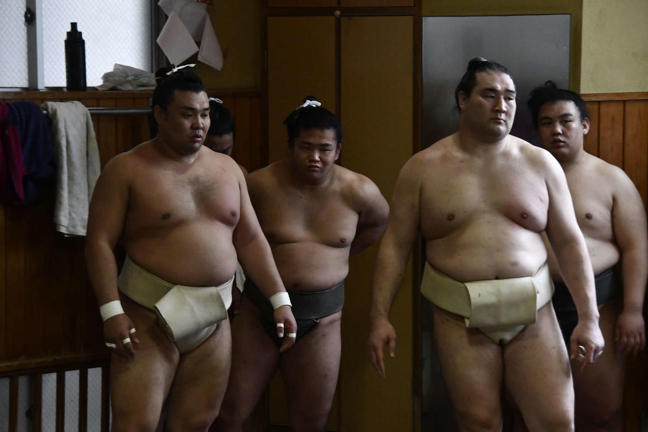 高砂部屋に出稽古に訪れた霧馬山（左）と竜電（撮影・平山連）