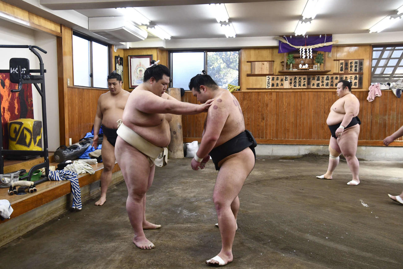 稽古中に若い衆に気づいた点をアドバイスする阿武咲（撮影・平山連）