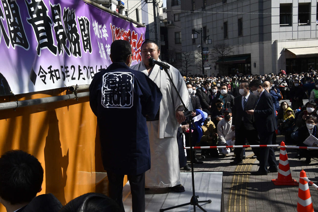 初場所の優勝報告会に出席した大関貴景勝（撮影・平山連）
