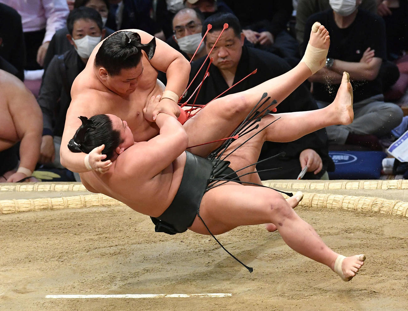翠富士（下）をかわず掛けで破った豊昇龍（2022年11月17日撮影）