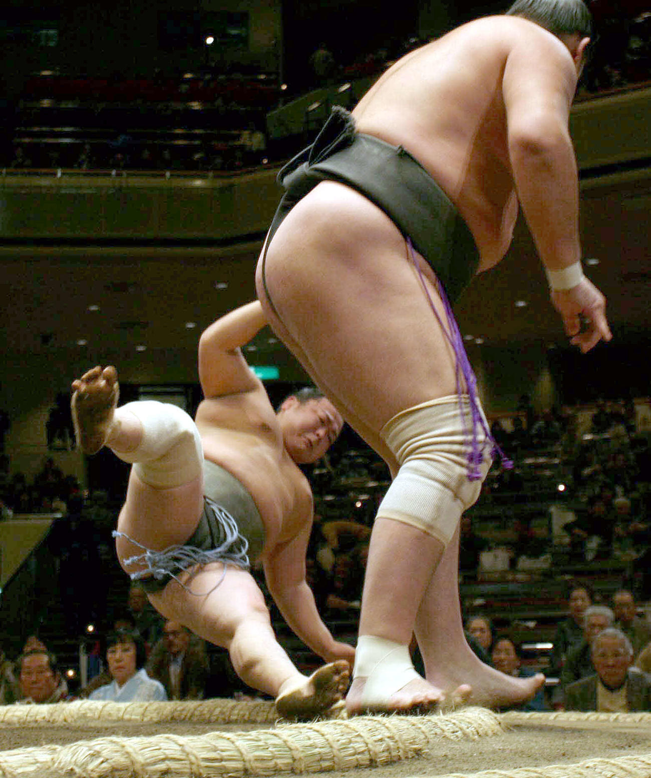 【踏み出し】幕下の取組で、先に倒れた倒れたものの、芳東に踏み出しで勝った青馬（奥）（2009年1月15日撮影）