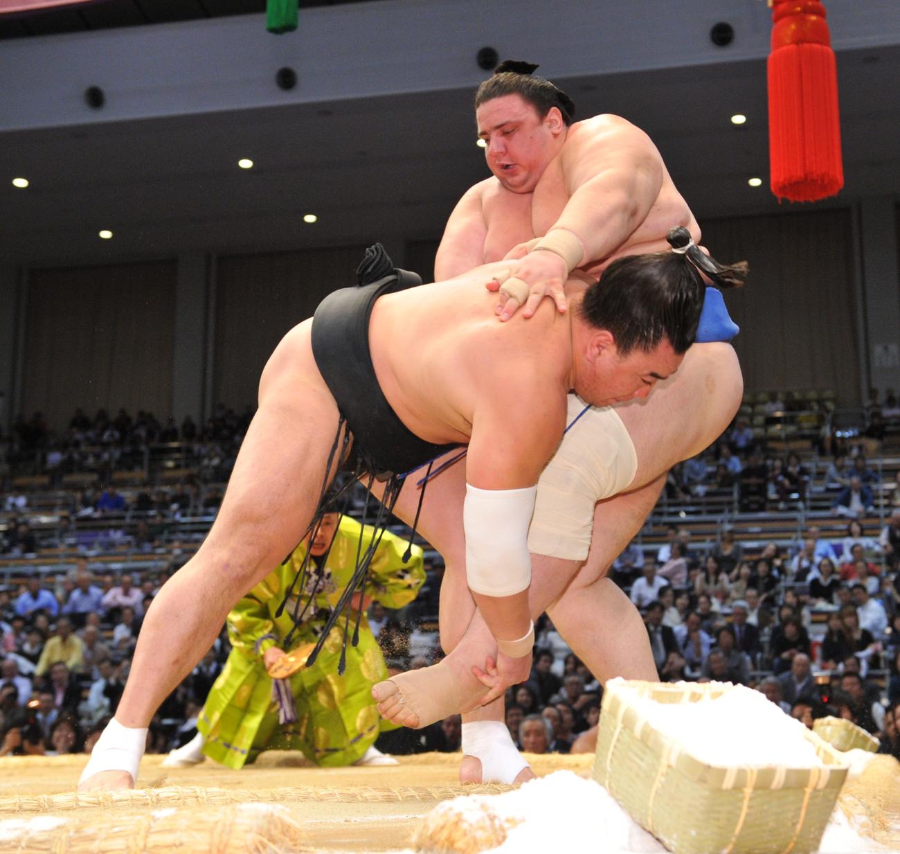 【裾取り】碧山を裾取りで押し込む日馬富士（2015年11月10日撮影）
