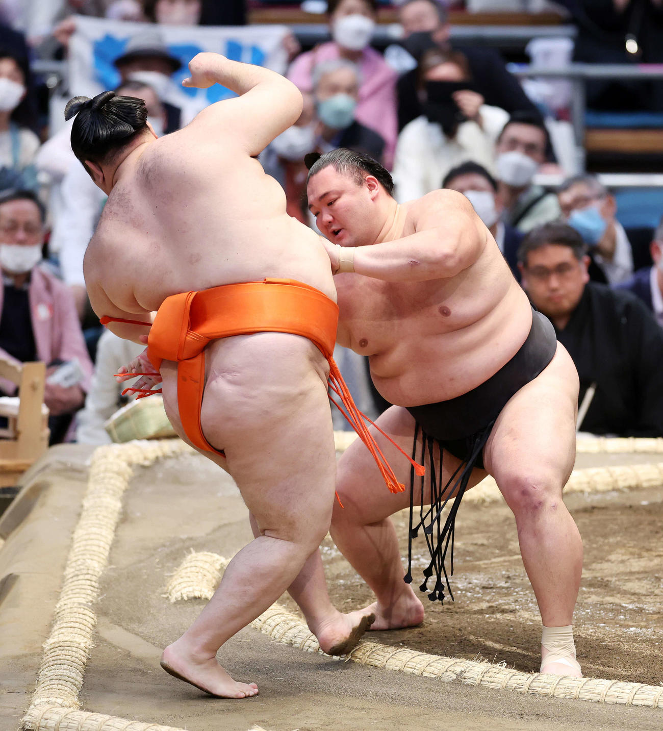 水戸龍（左）を寄り切りで破る朝乃山（撮影・鈴木正人）
