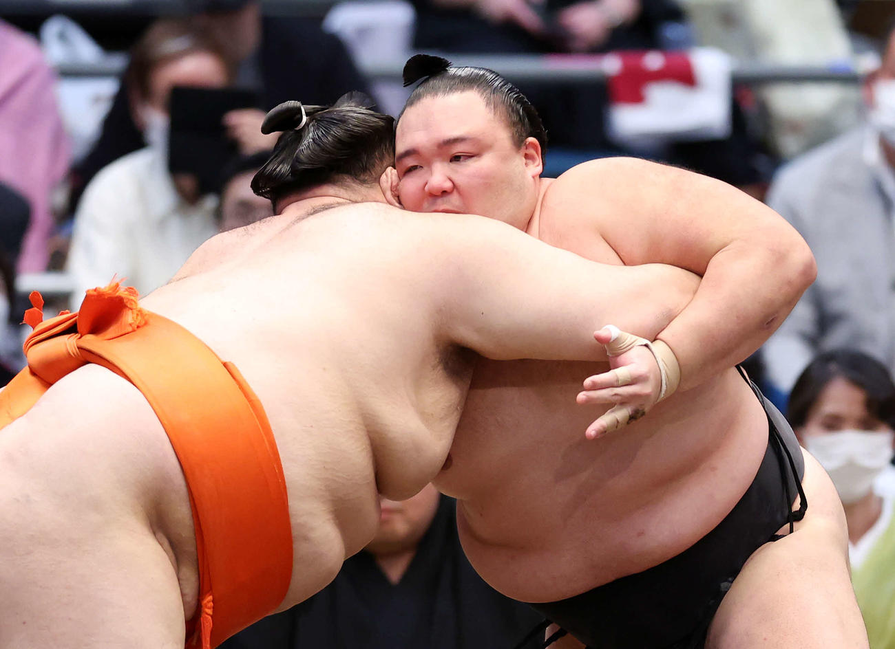 水戸龍（左）を攻める朝乃山（撮影・鈴木正人）