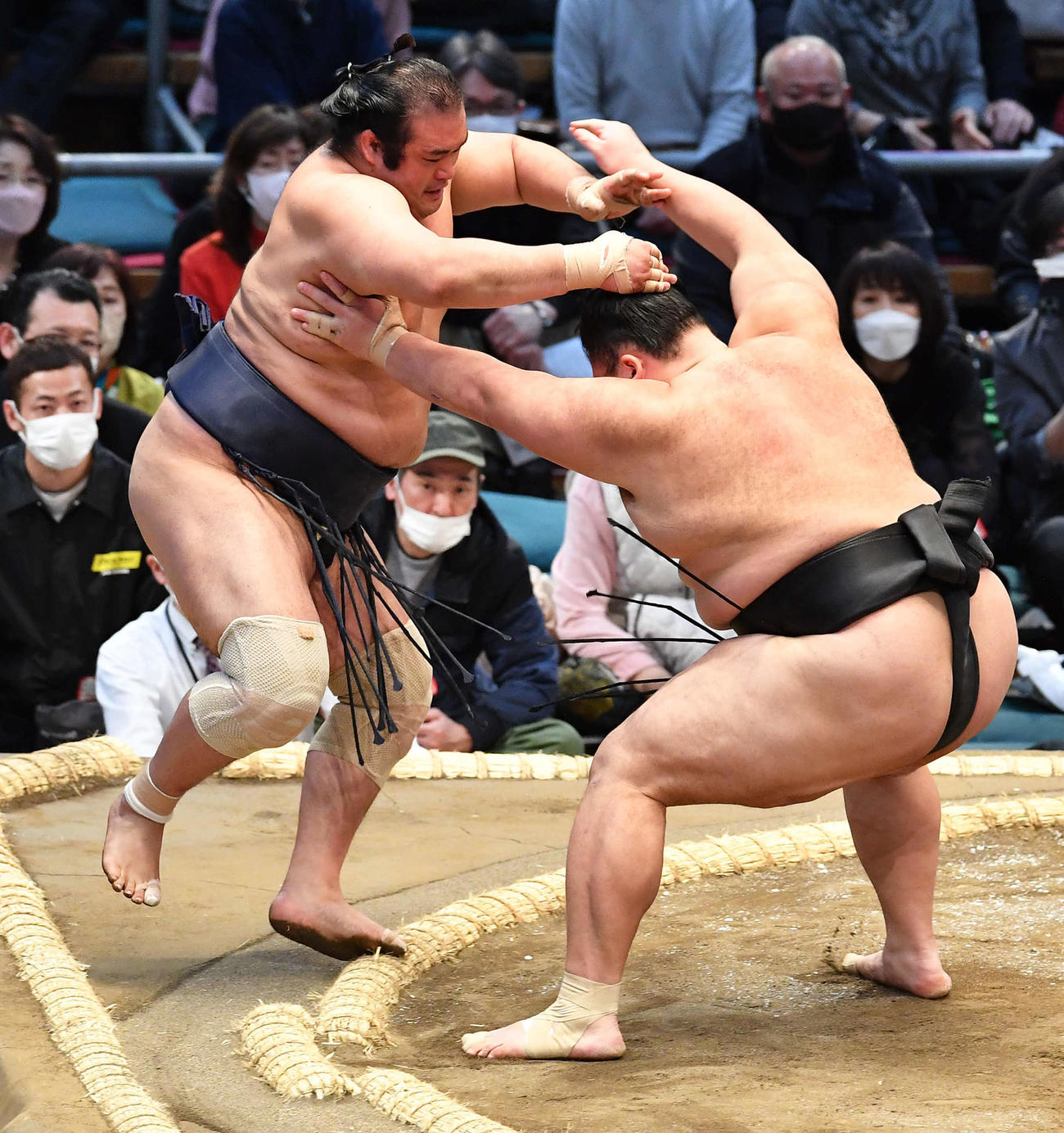 押し出しで千代の国（左）を破る朝乃山（撮影・岩下翔太）