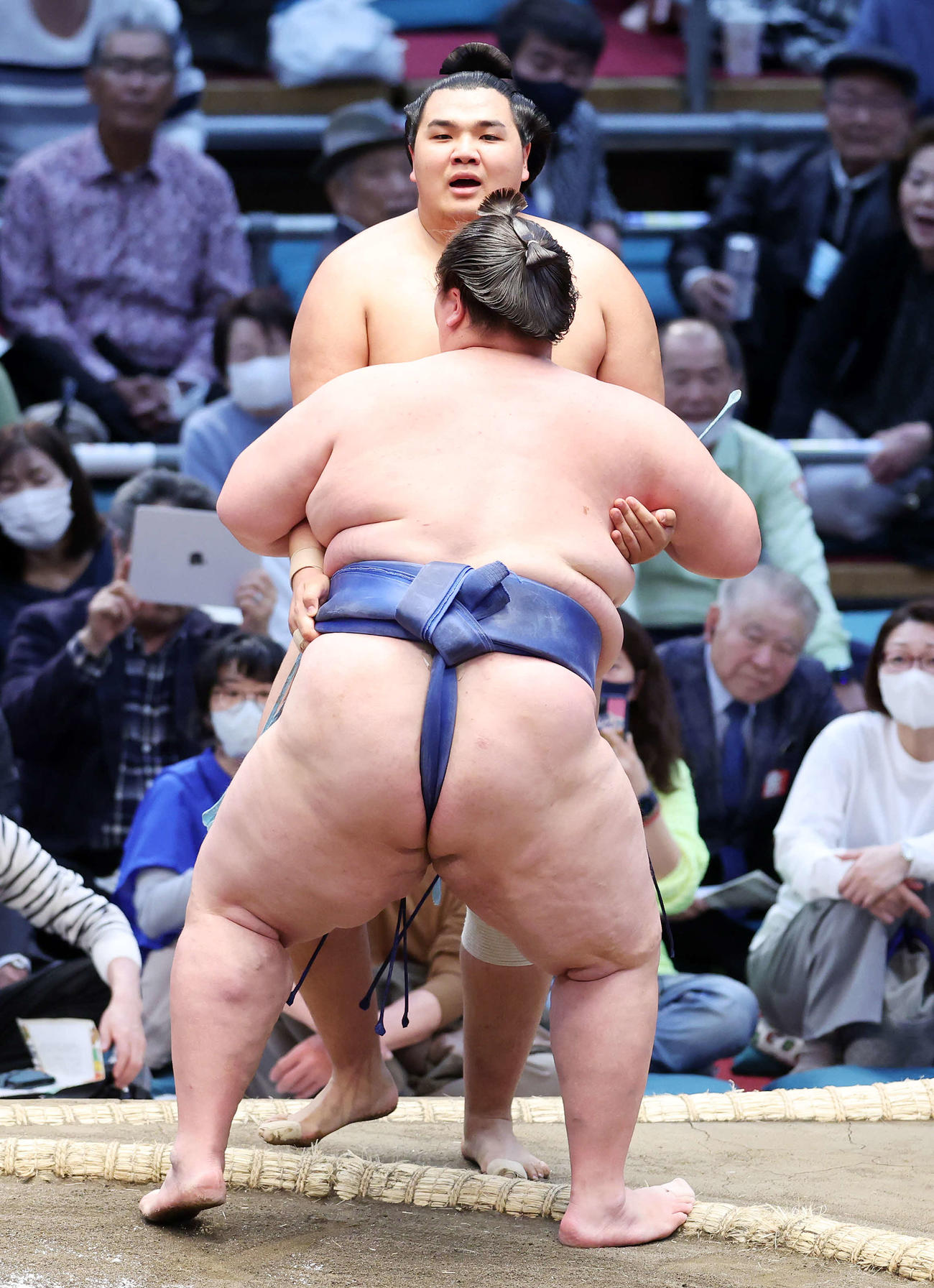 逸ノ城（手前）に寄り切りで敗れる北青鵬（撮影・鈴木正人）
