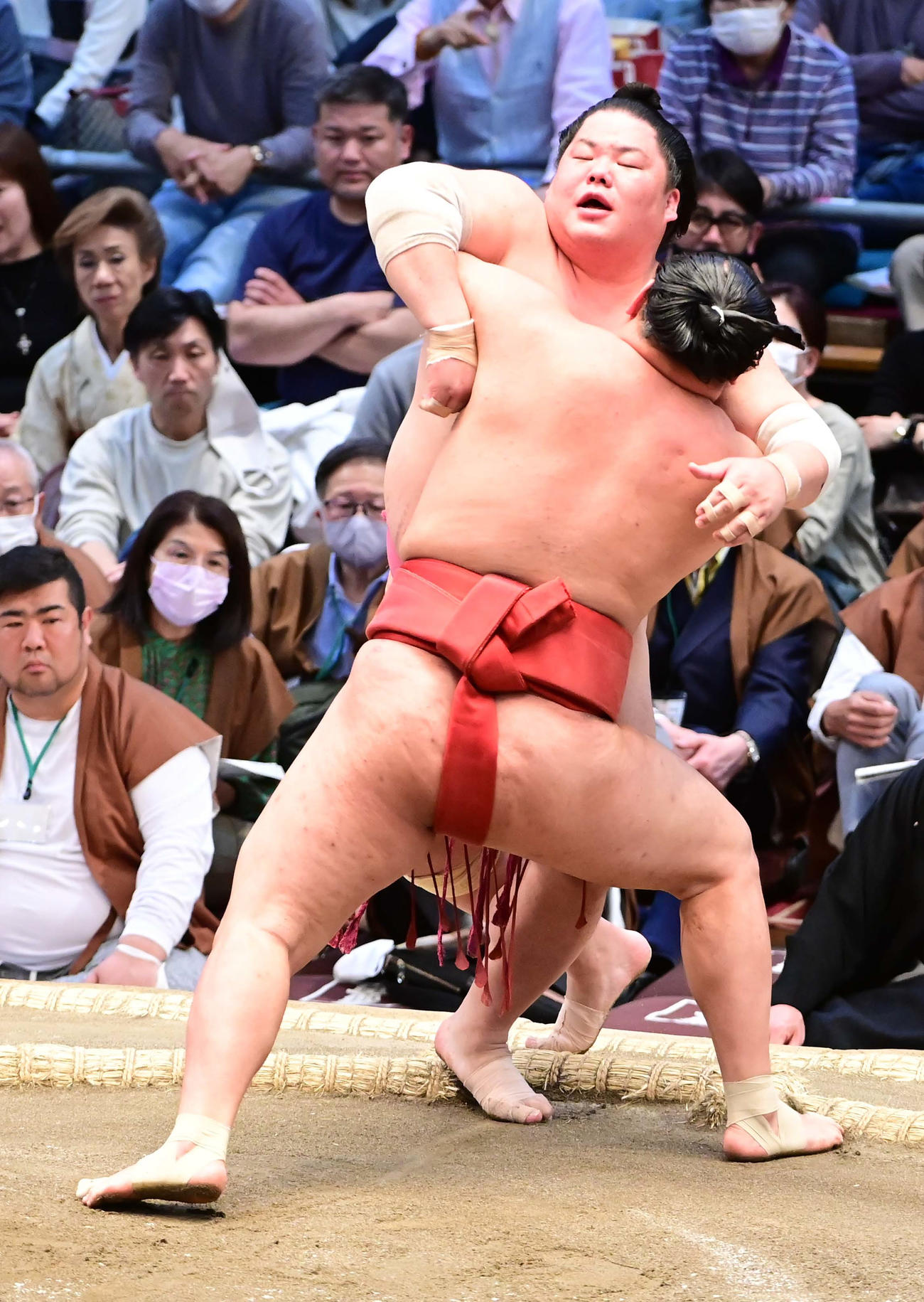 大栄翔は豊昇龍（手前）に寄り切りで敗れる（撮影・小沢裕）