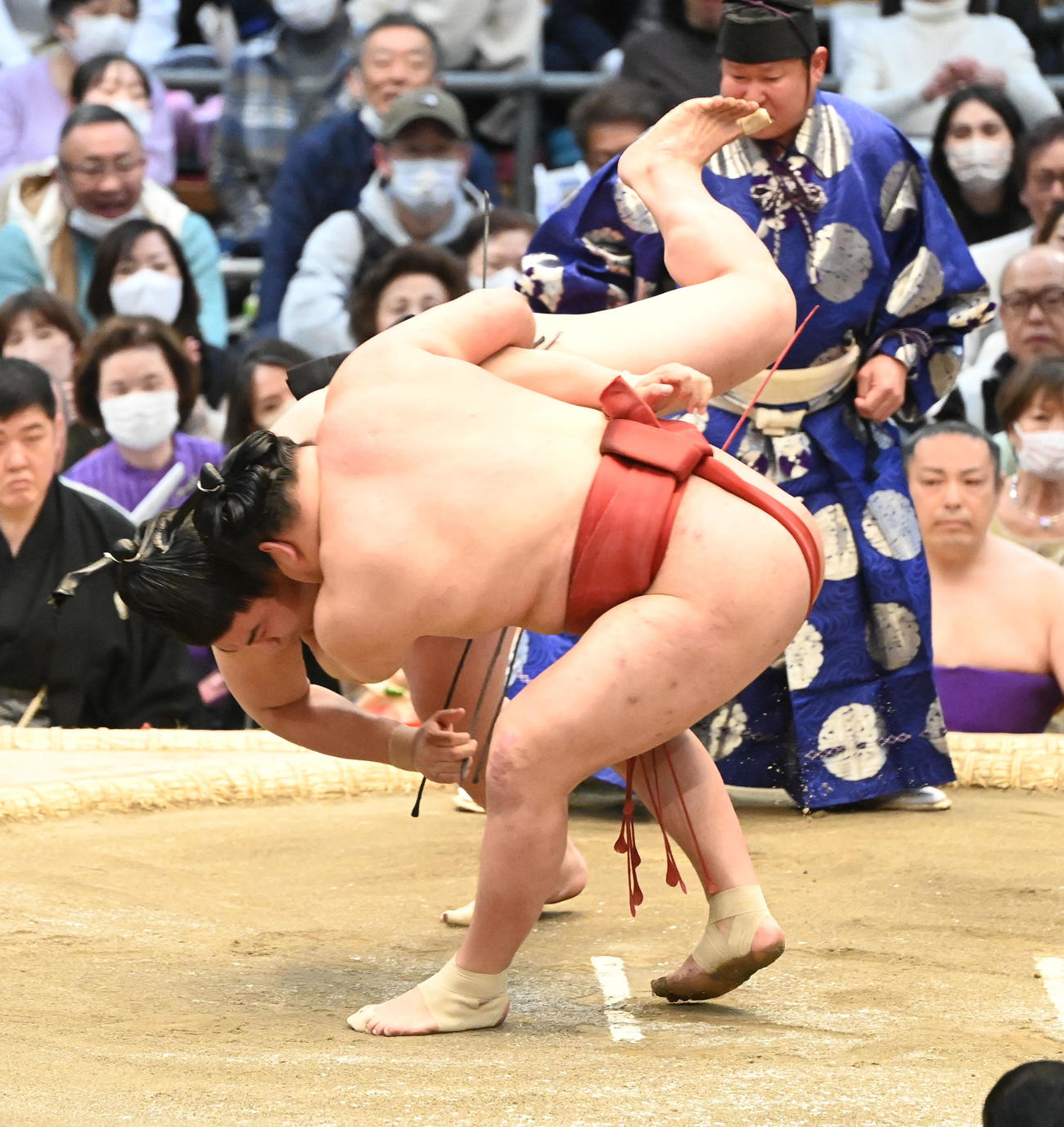 若元春（奥）を上手投げで破る豊昇龍（撮影・和賀正仁）