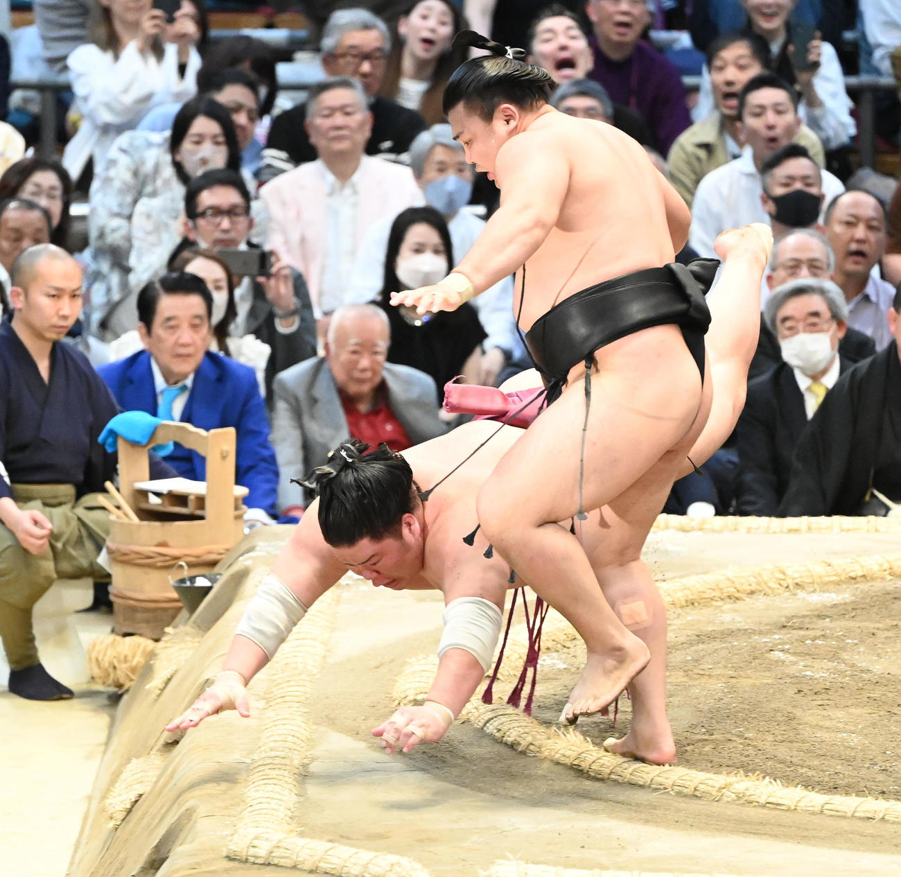 霧馬山（右）は突き落としで大栄翔を破（撮影・和賀正仁）
