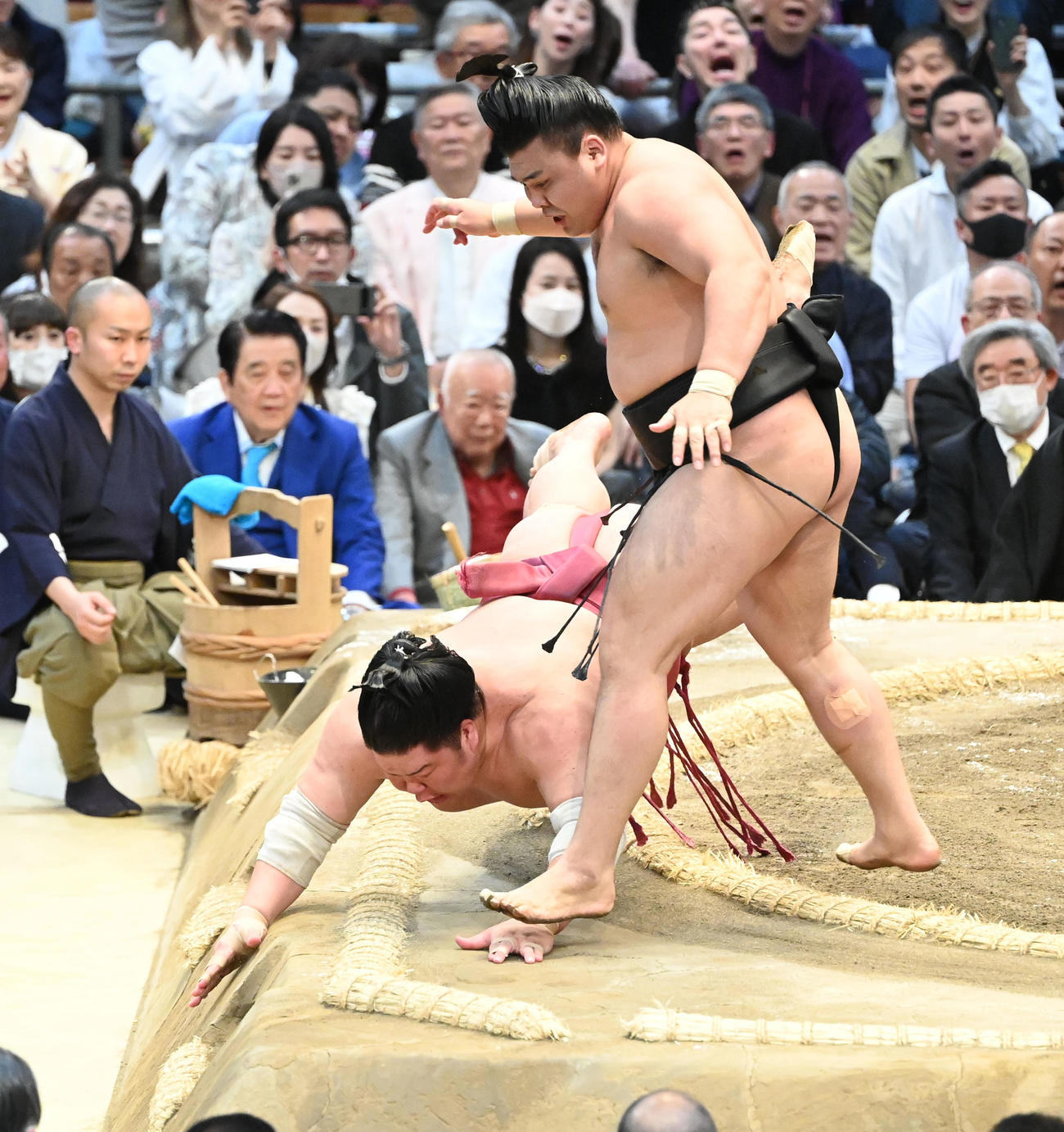 霧馬山（右）は突き落としで大栄翔を破（撮影・和賀正仁）