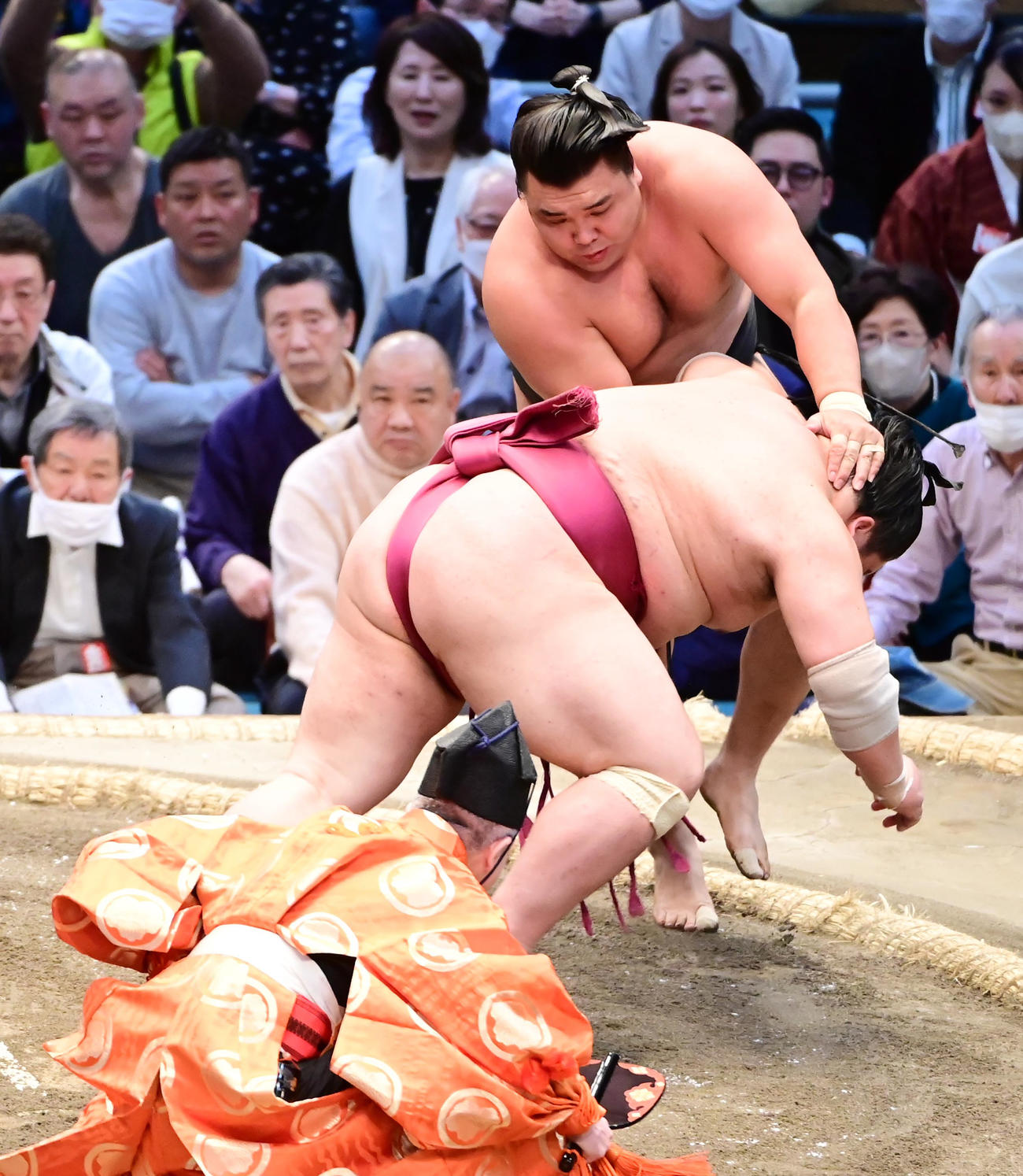 優勝決定戦で霧馬山は大栄翔（手前）を突き落としで破り幕内初優勝を決める（撮影・小沢裕）